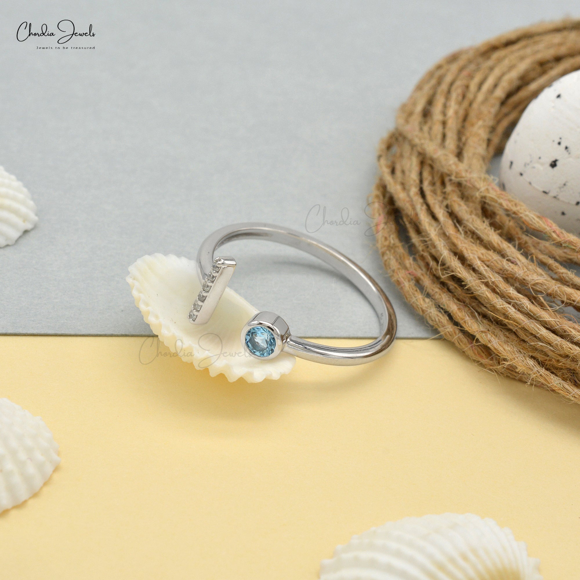 Solid 14k White Gold Adjustable Ring In 3mm Aquamarine And Diamond Open Cuff Women Ring