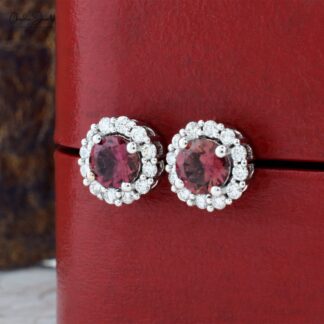 AAA Pink Tourmaline Halo Studs With G-H Diamond Pave In 14k White Gold Fine Jewelry