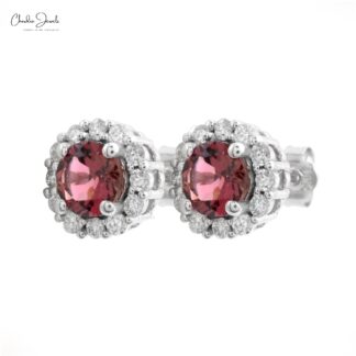 AAA Pink Tourmaline Halo Studs With G-H Diamond Pave In 14k White Gold Fine Jewelry