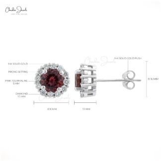 AAA Pink Tourmaline Halo Studs With G-H Diamond Pave In 14k White Gold Fine Jewelry