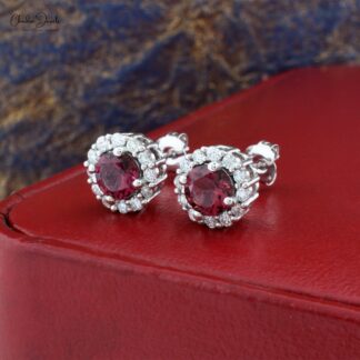 AAA Pink Tourmaline Halo Studs With G-H Diamond Pave In 14k White Gold Fine Jewelry