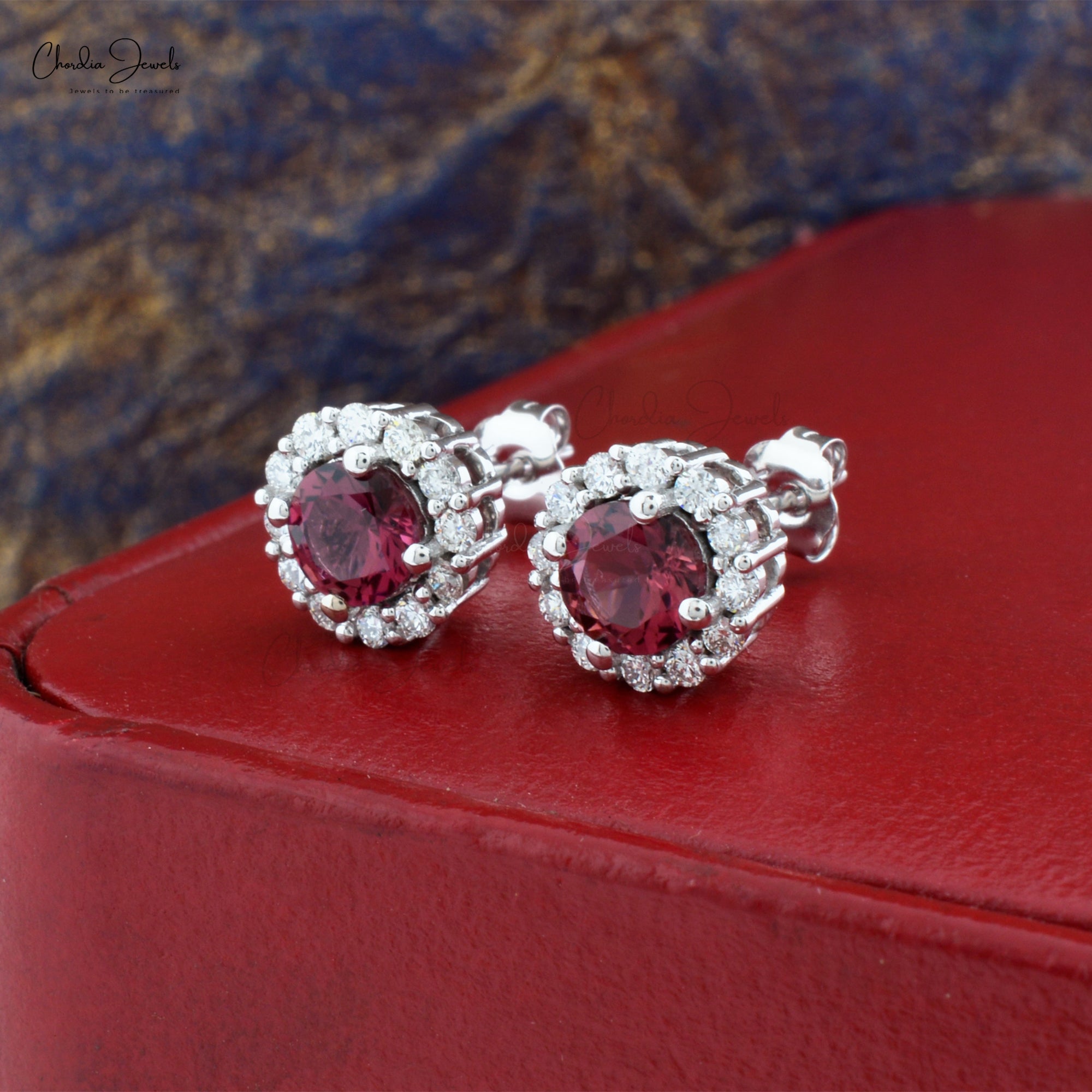 AAA Pink Tourmaline Halo Studs With G-H Diamond Pave In 14k White Gold Fine Jewelry