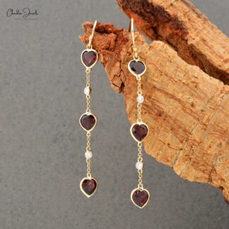 Heart Dangle Earring In 14k Yellow Gold Red Garnet And Diamond Ear Wire Wedding Earrings