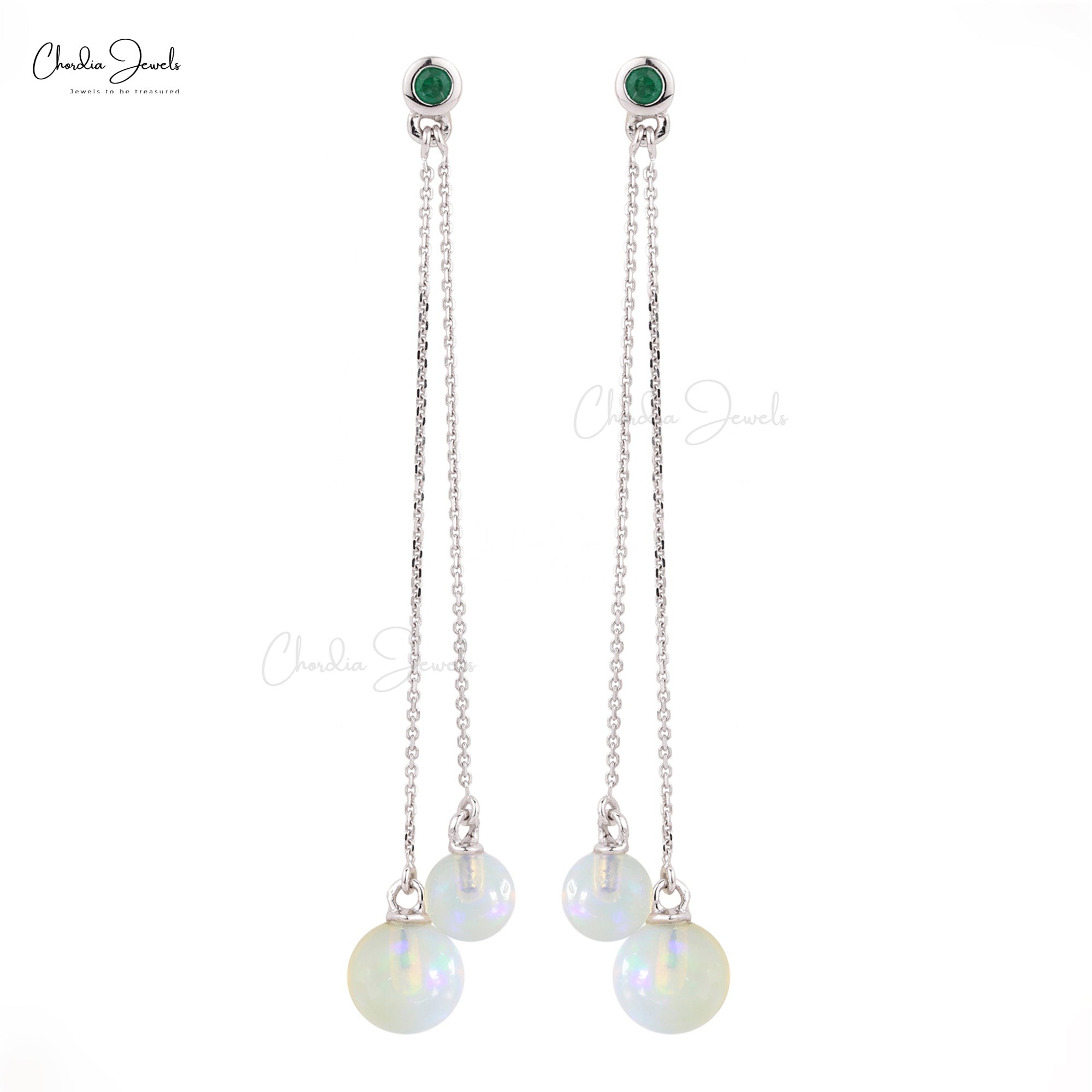 Natural Opal and Emerald Dangling Earrings in 14K Gold