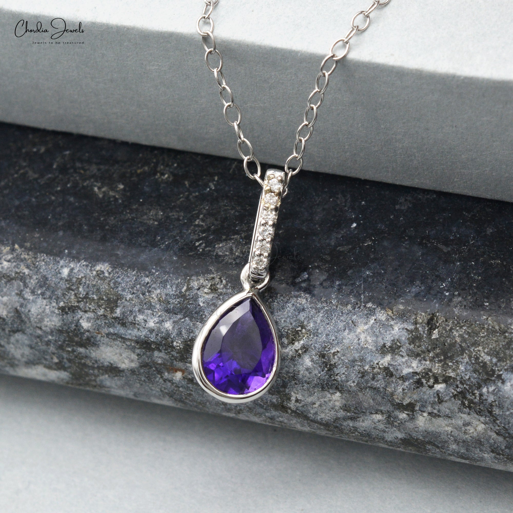 Real 14k White Gold Drop Pendant With 8x6mm Amethyst Gemstone And Diamond Dangle Necklace