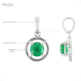 Pure 14k White Gold Spiral Pendant With 5mm Emerald Gemstone Handmade Pendants
