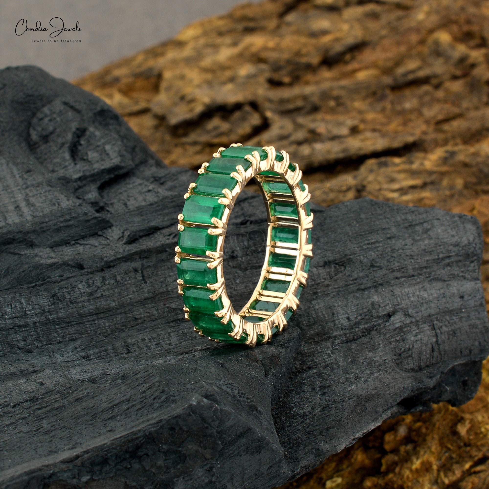 Eternity Gemstone Band With 5x3mm Emerald May Birthstone 14k Yellow Gold Rings For Women