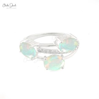 Overlapping Diamond Ring In 14k White Gold Fire Opal 7x5mm Oval Gemstone Split Shank Ring
