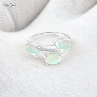 Overlapping Diamond Ring In 14k White Gold Fire Opal 7x5mm Oval Gemstone Split Shank Ring