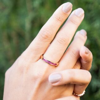 Solid 14k Gold Stacking Band With 0.32Ct Pink Sapphire Halfway Rings For Her