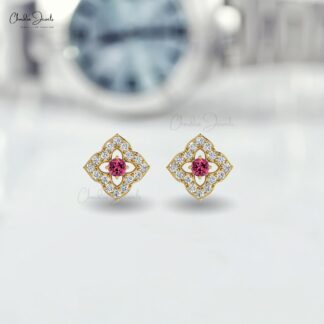 Natural Pink Tourmaline Floral Studs 2mm Round Cut Gemstone Minimal Earrings 14k Real Gold Diamond Summer Jewelry For Anniversary Gift