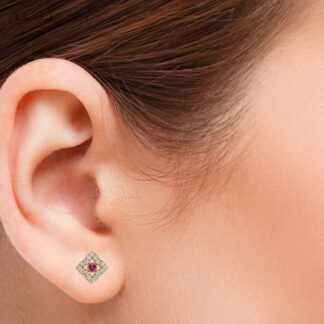 Natural Pink Tourmaline Floral Studs 2mm Round Cut Gemstone Minimal Earrings 14k Real Gold Diamond Summer Jewelry For Anniversary Gift