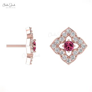 Natural Pink Tourmaline Floral Studs 2mm Round Cut Gemstone Minimal Earrings 14k Real Gold Diamond Summer Jewelry For Anniversary Gift