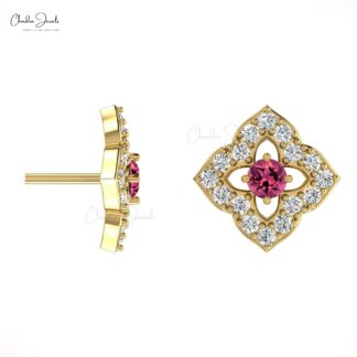 Natural Pink Tourmaline Floral Studs 2mm Round Cut Gemstone Minimal Earrings 14k Real Gold Diamond Summer Jewelry For Anniversary Gift