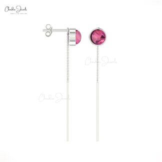 Round Pink Tourmaline Threader Earrings in 14k Real Gold Gemstone Minimalist Jewelry