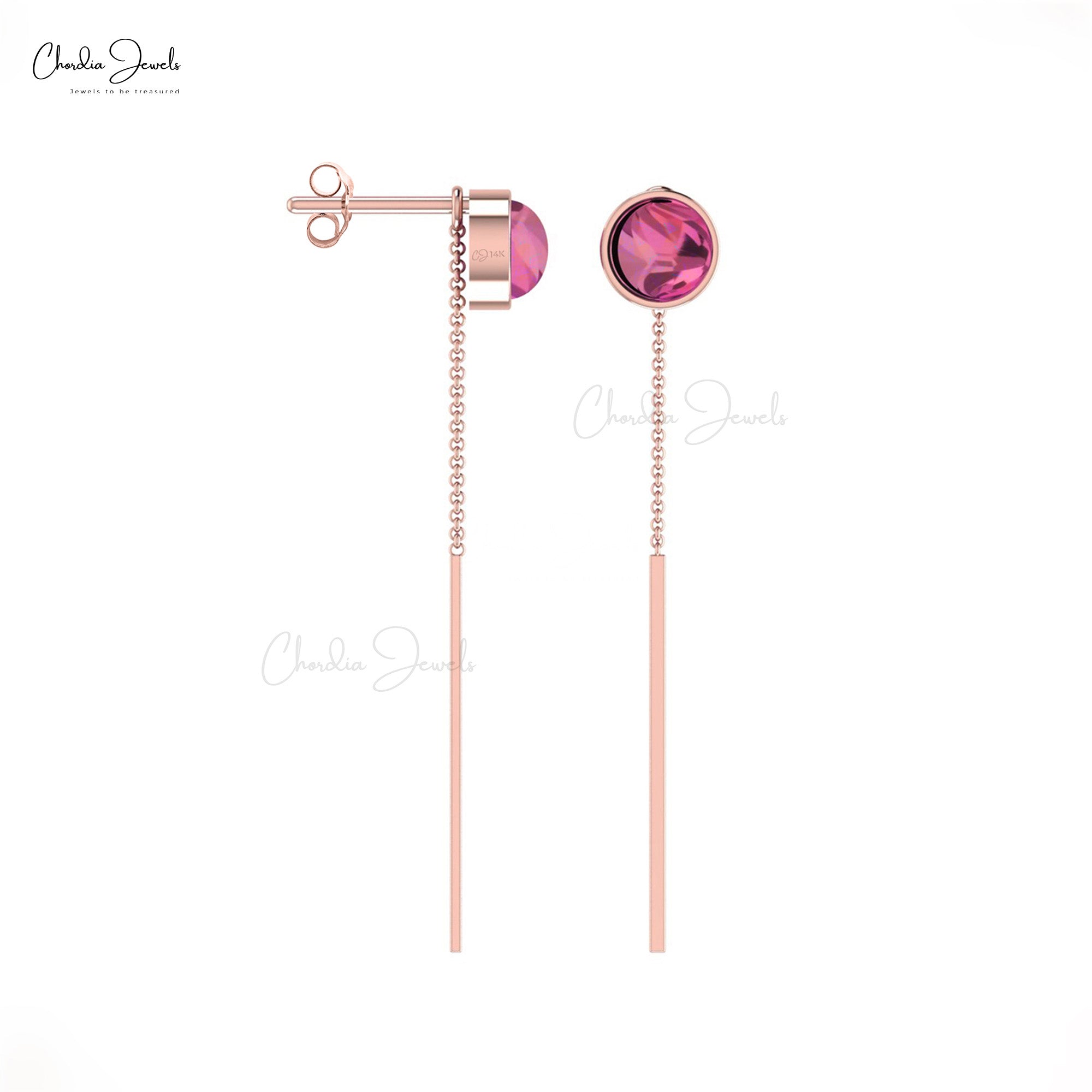 Round Pink Tourmaline Threader Earrings in 14k Real Gold Gemstone Minimalist Jewelry