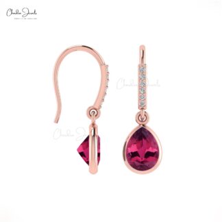 Pear Cut 8x6mm Natural Pink Tourmaline Dangle Earrings 14k Solid Gold Diamond Fish Hook Earrings For Women's