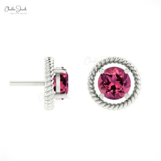 Brilliant Round Cut 5mm Natural Pink Tourmaline Spiral Studs Earring 14k Solid Gold Earrings For Birthday Gift
