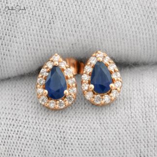 AAA Blue Sapphire Halo Studs In 14k Real Rose Gold Diamond Push Back Bridal Earrings