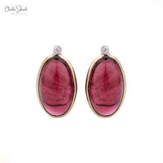 Gemstone Push Back Studs In 14k Yellow Gold Tourmaline And Diamond 2 Stone Earrings