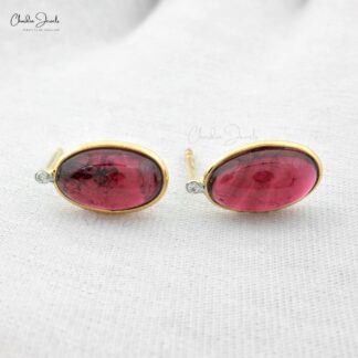 Gemstone Push Back Studs In 14k Yellow Gold Tourmaline And Diamond 2 Stone Earrings