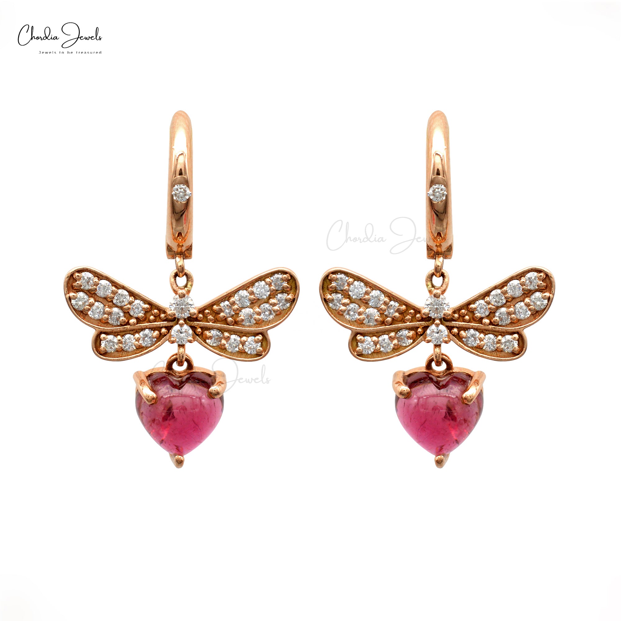 IGI Verified Dangle Earring With 6.5mm Pink Tourmaline Diamond 14k Rose Gold Earrings