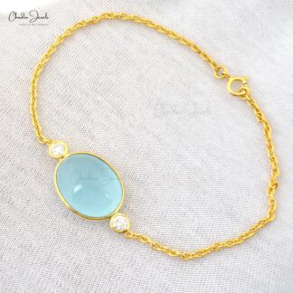 Three Stone Chain Bracelet With 12.63 Ct Aquamarine & Diamond 14k Yellow Gold Bracelets