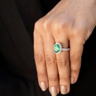 Halo Engagement Ring With 11x8mm Emerald And Diamond Pave In 14k White Gold Certified Rings