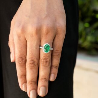 Halo Engagement Ring With 11x8mm Emerald And Diamond Pave In 14k White Gold Certified Rings