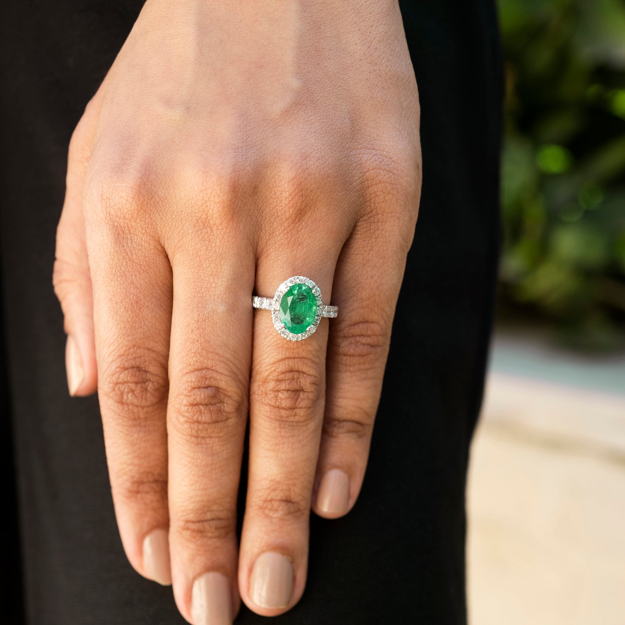 Halo Engagement Ring With 11x8mm Emerald And Diamond Pave In 14k White Gold Certified Rings