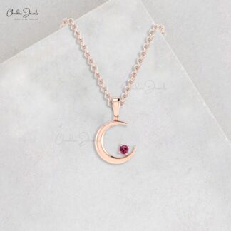 Brilliant Cut Half Moon Charm In Pure 14k Gold Pink Tourmaline Solitaire Pendant For Her