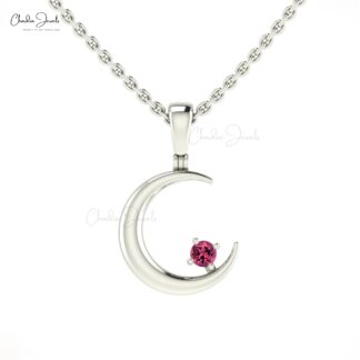 Brilliant Cut Half Moon Charm In Pure 14k Gold Pink Tourmaline Solitaire Pendant For Her