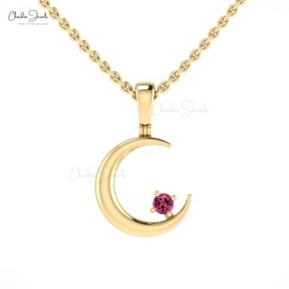 Brilliant Cut Half Moon Charm In Pure 14k Gold Pink Tourmaline Solitaire Pendant For Her