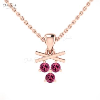 Brilliant Cut 3 Stone Pendant With 2.5mm Pink Tourmaline 14k Real Gold Dangle Necklace