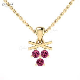 Brilliant Cut 3 Stone Pendant With 2.5mm Pink Tourmaline 14k Real Gold Dangle Necklace