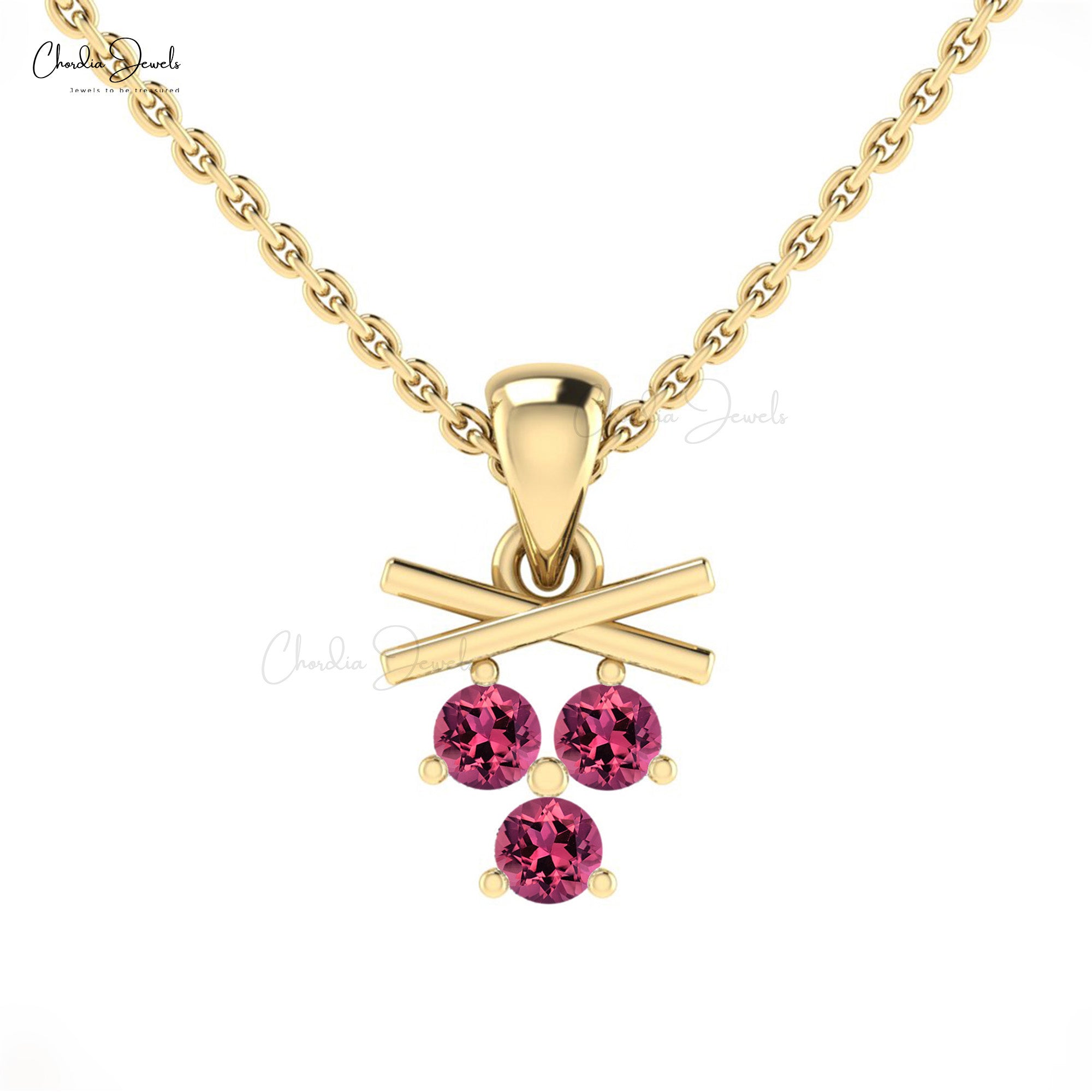Brilliant Cut 3 Stone Pendant With 2.5mm Pink Tourmaline 14k Real Gold Dangle Necklace