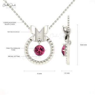 Milgrain Dangle Charm With 5mm Pink Tourmaline Solitaire Pendant In 14k Real Gold
