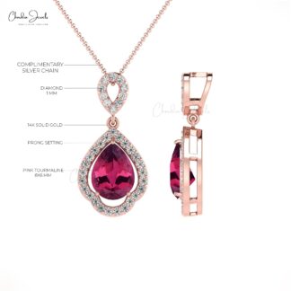 Art Deco Teardrop Pendant In 14k Solid Gold Tourmaline 8x6mm Gemstone Diamond Pendants