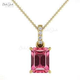 Dangle Octagon Cut Pendant in Real 14k Gold Pink Tourmaline Pave Diamond Necklace