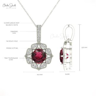 Genuine Pink Tourmaline Art Deco Pendant With Pave Diamond Accents in 14k Gold Jewelry