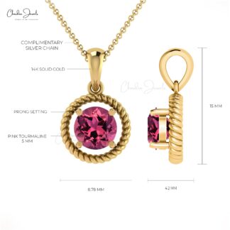 Natural Pink Tourmaline Gemstone Prong Set in 14k Solid Gold Spiral Pendant