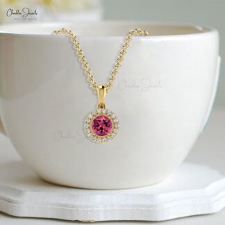 Dangle Stone Pendant in Pure 14k Gold Pink Tourmaline And Diamond Halo Necklace