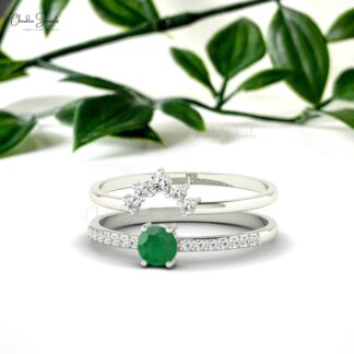 Dual Birthstone Stackable Band With 4mm Emerald And Diamond Accents In 14k Real Gold Ring