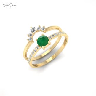 Dual Birthstone Stackable Band With 4mm Emerald And Diamond Accents In 14k Real Gold Ring