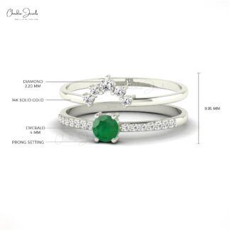Dual Birthstone Stackable Band With 4mm Emerald And Diamond Accents In 14k Real Gold Ring