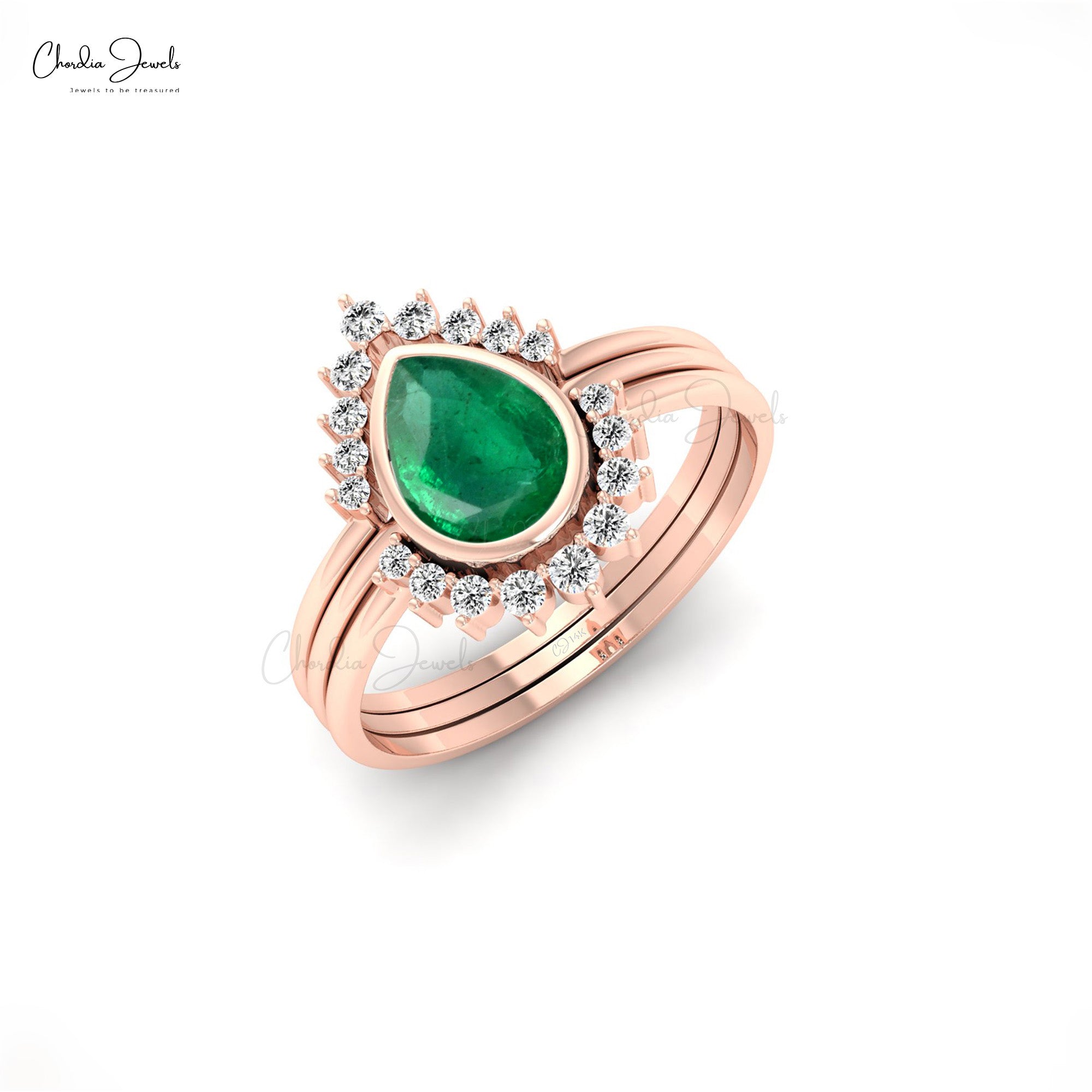 Bezel Set 0.72Ct Zambian Emerald And Diamond Stackable Halo Ring in 14k Real Gold