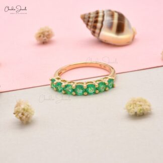 Natural Emerald 7 Stone Half Eternity Band Ring in 14k Yellow Gold