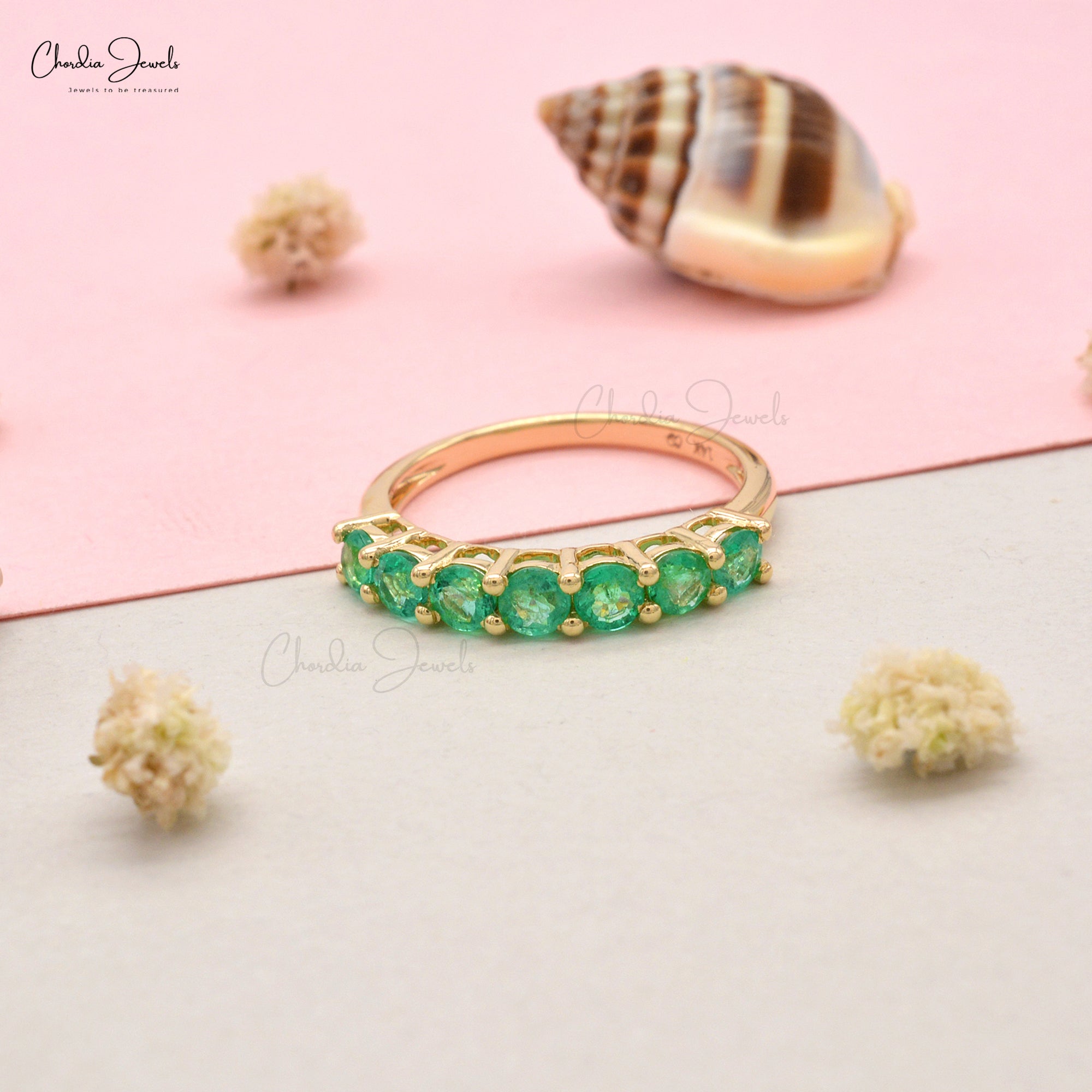 Natural Emerald 7 Stone Half Eternity Band Ring in 14k Yellow Gold