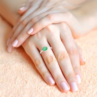 Solitaire Engagement Ring In Pure 14k White Gold Zambian Emerald 6x4mm Gemstone Rings