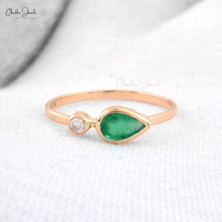 Two Stone Bezel Set 14k Rose Gold With Emerald & Diamond Wedding Rings For Women